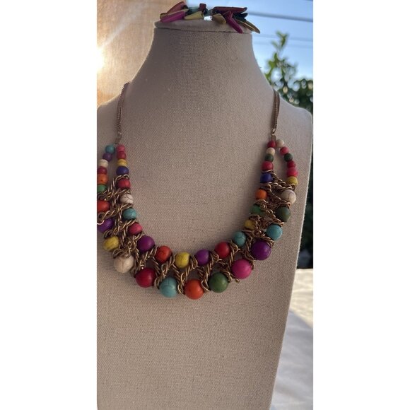 Ethnic Multicolor Boho Cord Necklace Colorful Beads Round Natural Stones 22” - Picture 2 of 16